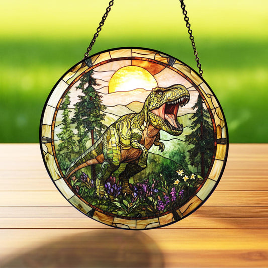 T-Rex Stained Glass Suncatcher, Tyrannosaurus Dinosaur Suncatcher, Fierce Jurassic Decor for Kids and Dinosaur Lovers, T-rex lovers gift
