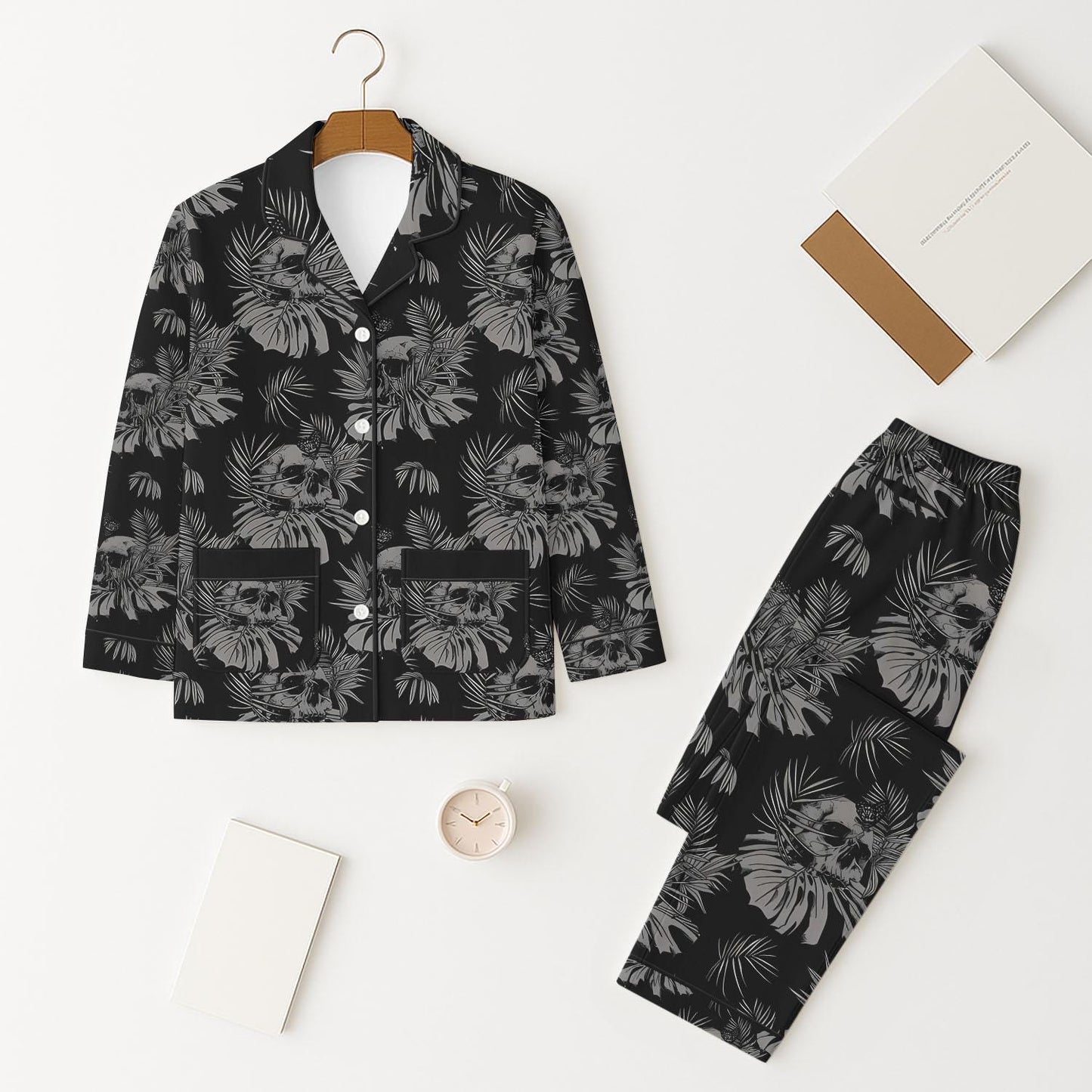 Gothic Skull Pajamas Set, Spooky Floral Black Sleepwear, Skull and Tropical Leaves Halloween Nightwear, Dark Halloween Matching Set