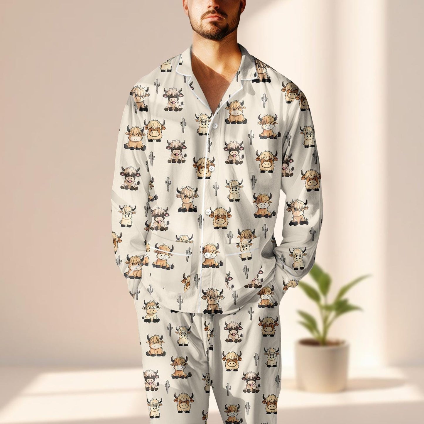 Cute Cowgirl Satin Pajamas Set, Cartoon Cowboy Cow Women Sleepwear, Western Farm Animal Loungewear, Matching Pj Set, Gift For Her