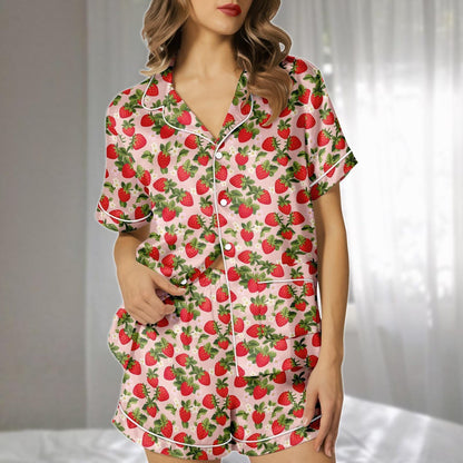 Cute Strawberry Satin Pajamas Set, Short Summer Sleepwear Set For Women, Girly Loungewear, Matching Pajamas Set, Gift For Her