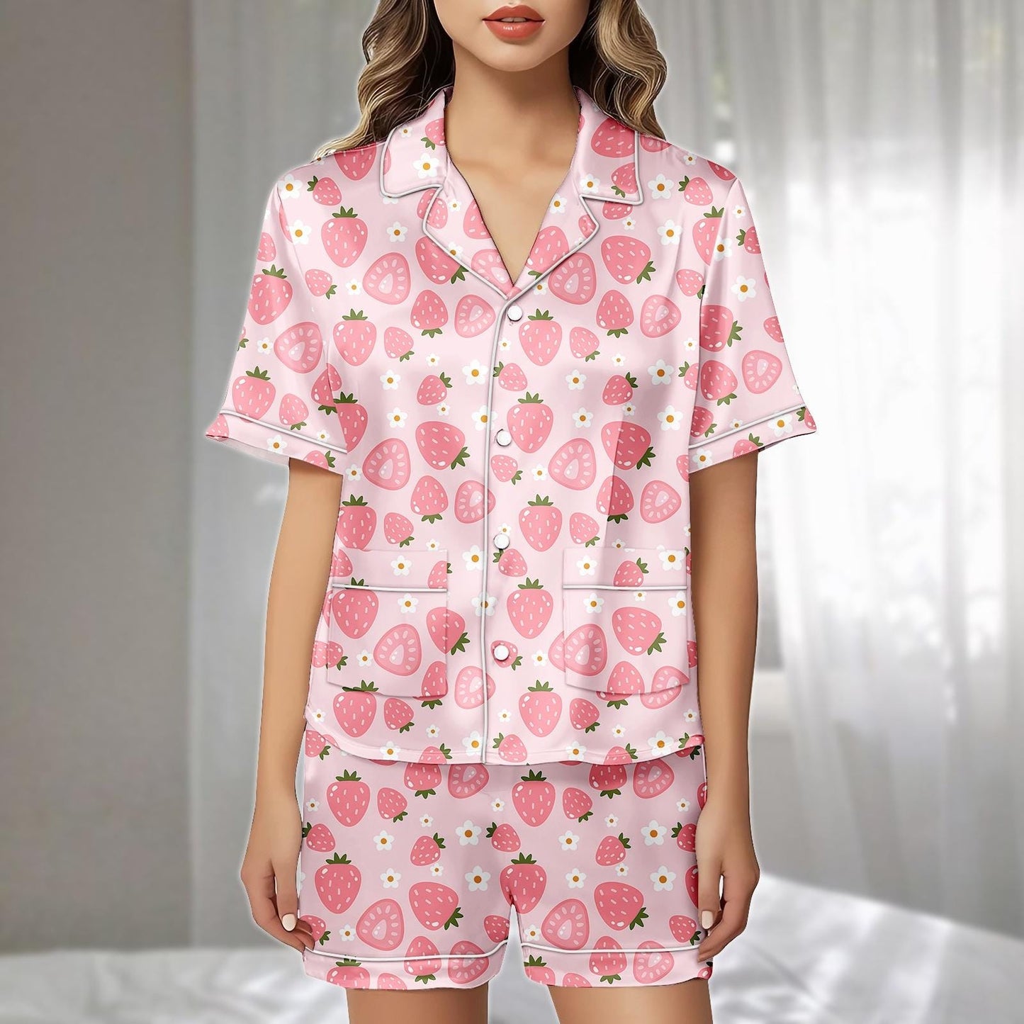 Pastel Strawberry Satin Pajamas Set, Pink Short Loungewear Set With Hearts And Daisies, Adorable Matching Pajamas, Gift For Her