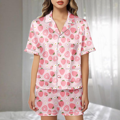 Pastel Strawberry Satin Pajamas Set, Pink Short Loungewear Set With Hearts And Daisies, Adorable Matching Pajamas, Gift For Her