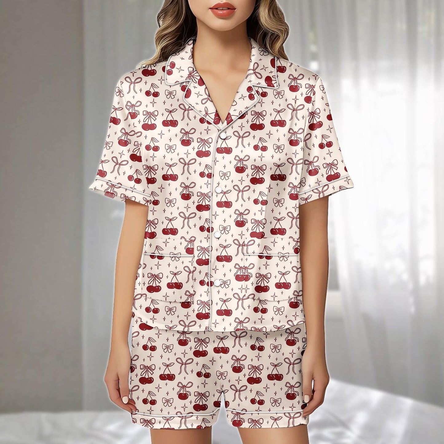 Cherry Bow Satin Pajamas Short Set, Red Fruit And Ribbon Sleepwear, Coquette Aesthetic Loungewear, Cute Holiday Pajamas, Gift For Her