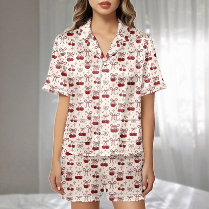 Cherry Bow Satin Pajamas Short Set, Red Fruit And Ribbon Sleepwear, Coquette Aesthetic Loungewear, Cute Holiday Pajamas, Gift For Her