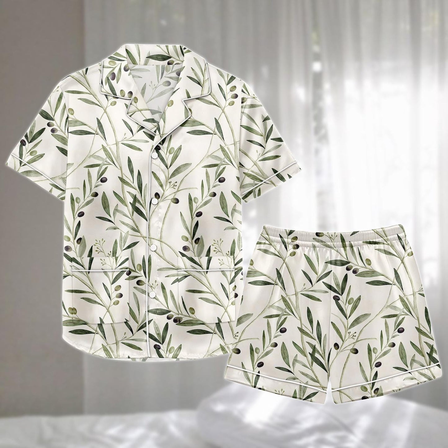 Olive Satin Pajamas Set, Mediterranean Botanical Sleepwear, Elegant Nature Inspired Short Loungewear, Cute Matching Pjs, Gift For Her