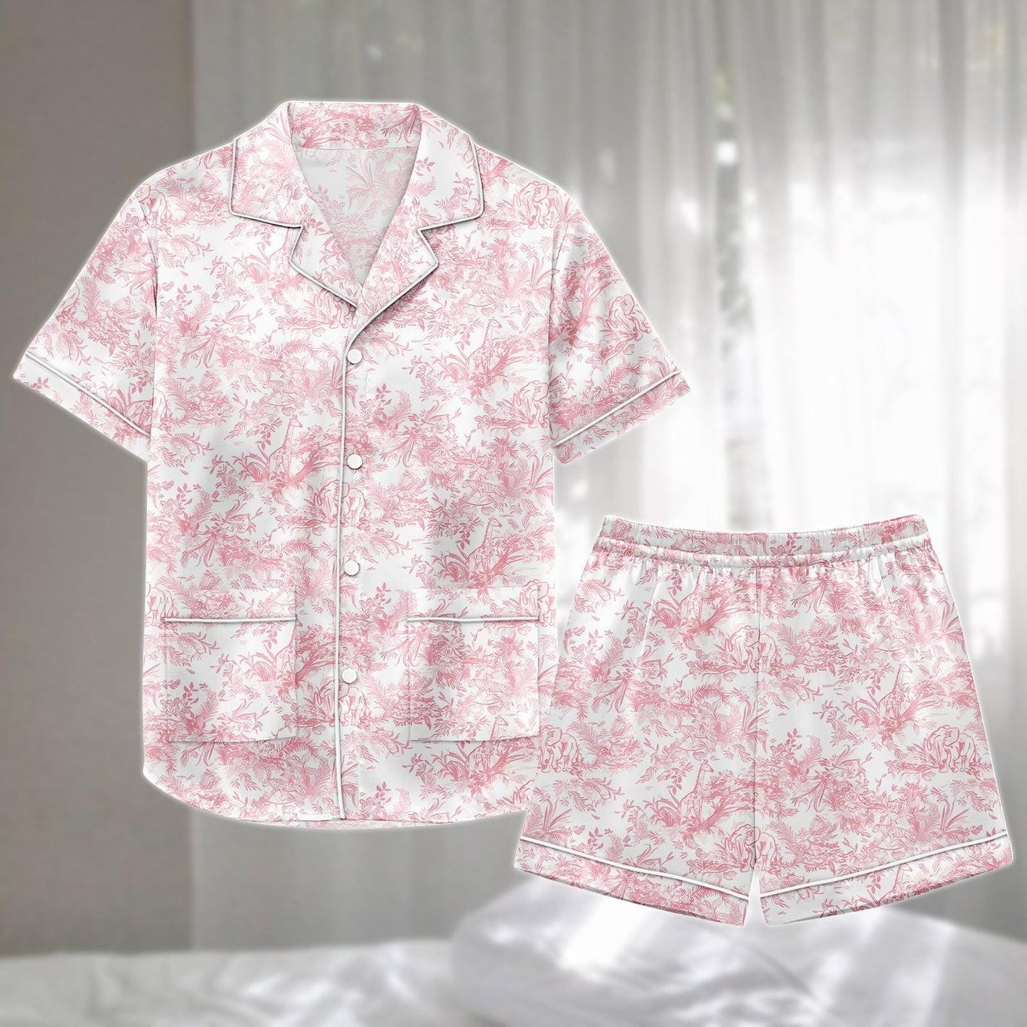 Toile De Jouy Satin Pajamas Short Set, Pink French Vintage Sleepwear, Elegant Romantic Loungewear, Matching Pajamas Set, Funny Gift