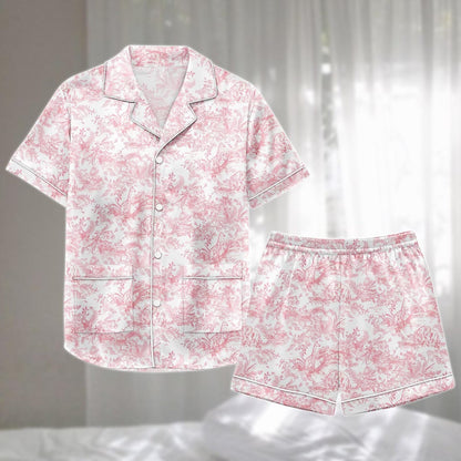 Toile De Jouy Satin Pajamas Short Set, Pink French Vintage Sleepwear, Elegant Romantic Loungewear, Matching Pajamas Set, Funny Gift