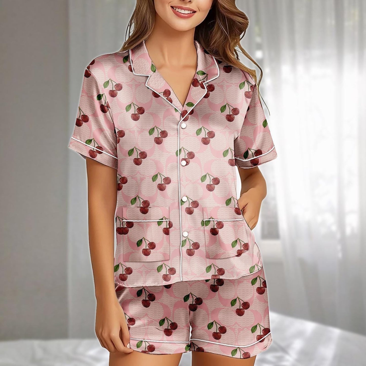 Cherry Satin Pajamas Set, Pink Retro Fruit Pattern Short Sleepwear, Cute Girly Loungewear, Family Matching Pajamas, Gift For Her