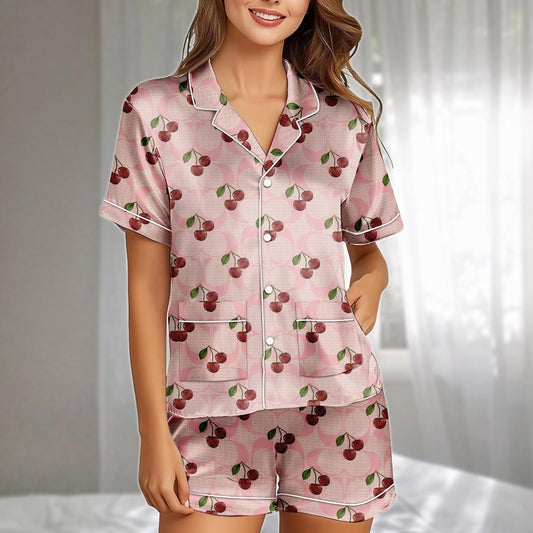 Cherry Satin Pajamas Set, Pink Retro Fruit Pattern Short Sleepwear, Cute Girly Loungewear, Family Matching Pajamas, Gift For Her