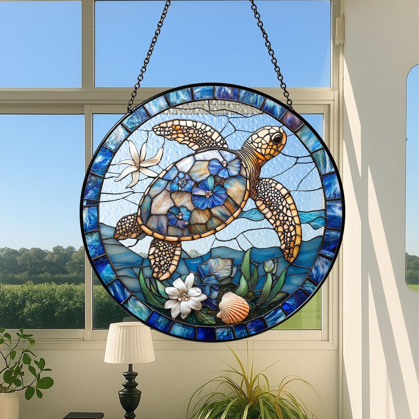 Floral Turtle Stained Glass Suncatcher, Sea Turtle and Flowers Window Hanging, Turtle Lovers Gift, Ocean Animal Lover Home Decoration