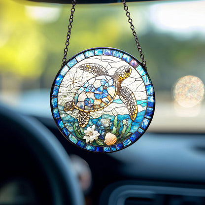 Floral Turtle Stained Glass Suncatcher, Sea Turtle and Flowers Window Hanging, Turtle Lovers Gift, Ocean Animal Lover Home Decoration