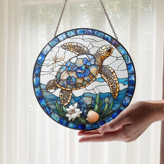 Floral Turtle Stained Glass Suncatcher, Sea Turtle and Flowers Window Hanging, Turtle Lovers Gift, Ocean Animal Lover Home Decoration