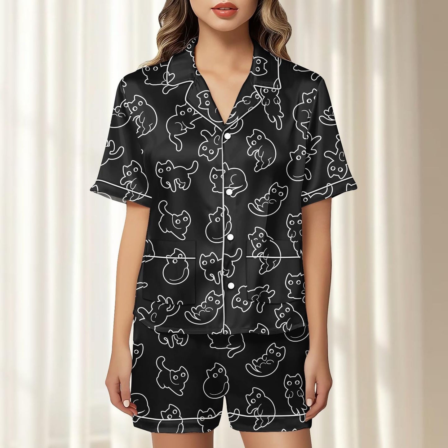 Black Cat Satin Pajamas Short Set, Funny Cat Matching Pjs, Funny Animal Womens Lounge Set, Kawaii Pet Nightwear, Birthday Gift For Her