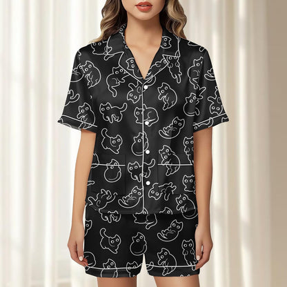Black Cat Satin Pajamas Short Set, Funny Cat Matching Pjs, Funny Animal Womens Lounge Set, Kawaii Pet Nightwear, Birthday Gift For Her