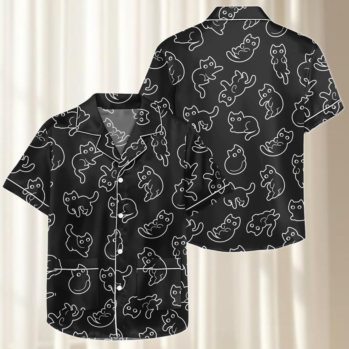 Black Cat Satin Pajamas Short Set, Funny Cat Matching Pjs, Funny Animal Womens Lounge Set, Kawaii Pet Nightwear, Birthday Gift For Her