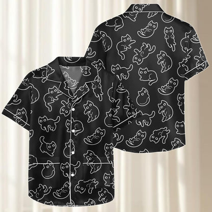 Black Cat Satin Pajamas Short Set, Funny Cat Matching Pjs, Funny Animal Womens Lounge Set, Kawaii Pet Nightwear, Birthday Gift For Her