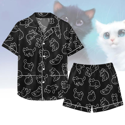 Black Cat Satin Pajamas Short Set, Funny Cat Matching Pjs, Funny Animal Womens Lounge Set, Kawaii Pet Nightwear, Birthday Gift For Her