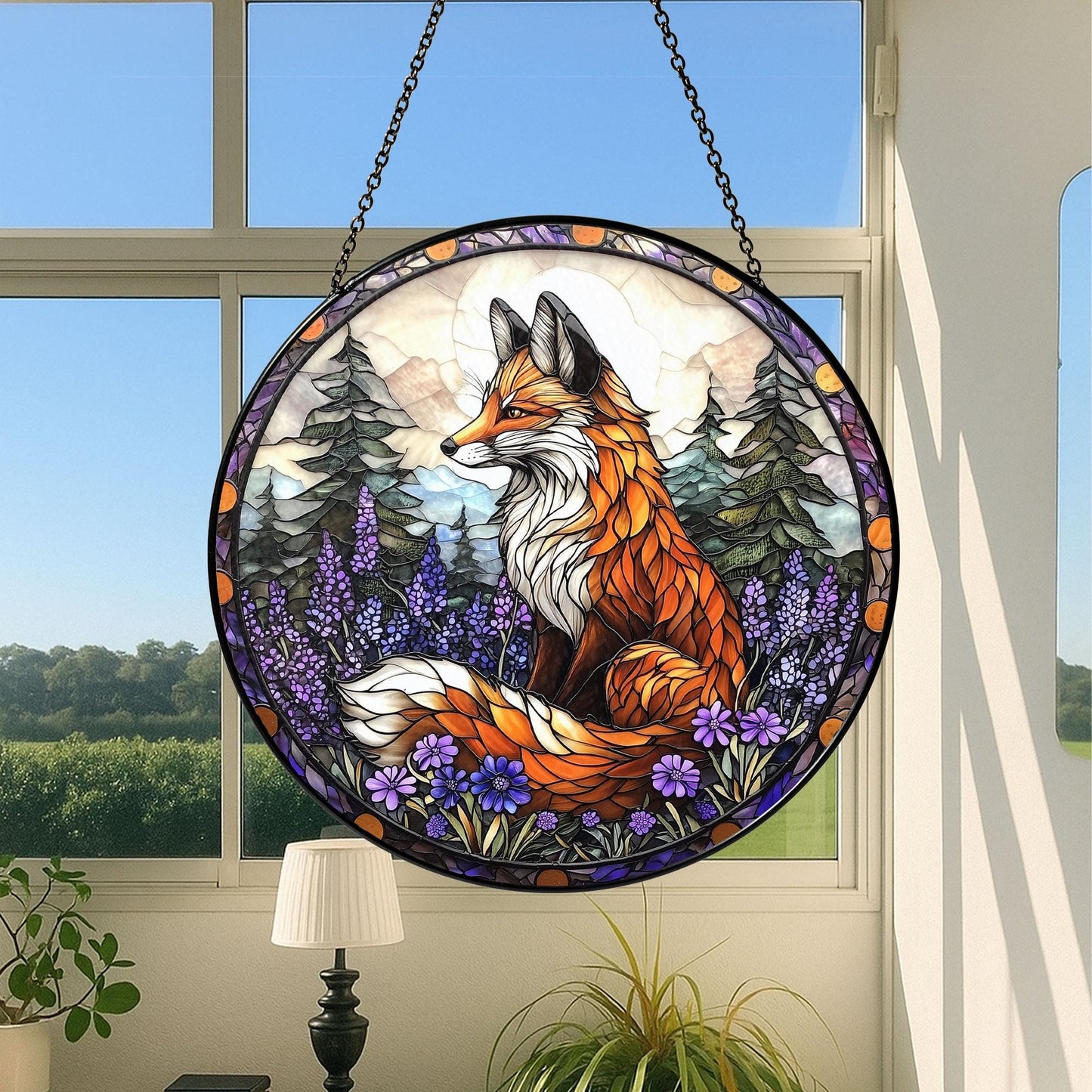 Fox Stained Glass Suncatcher – Woodland with Red Fox and Purple Flowers, Nature Decor, Gift for Forest and Animal Lovers, Forest Wall Decor