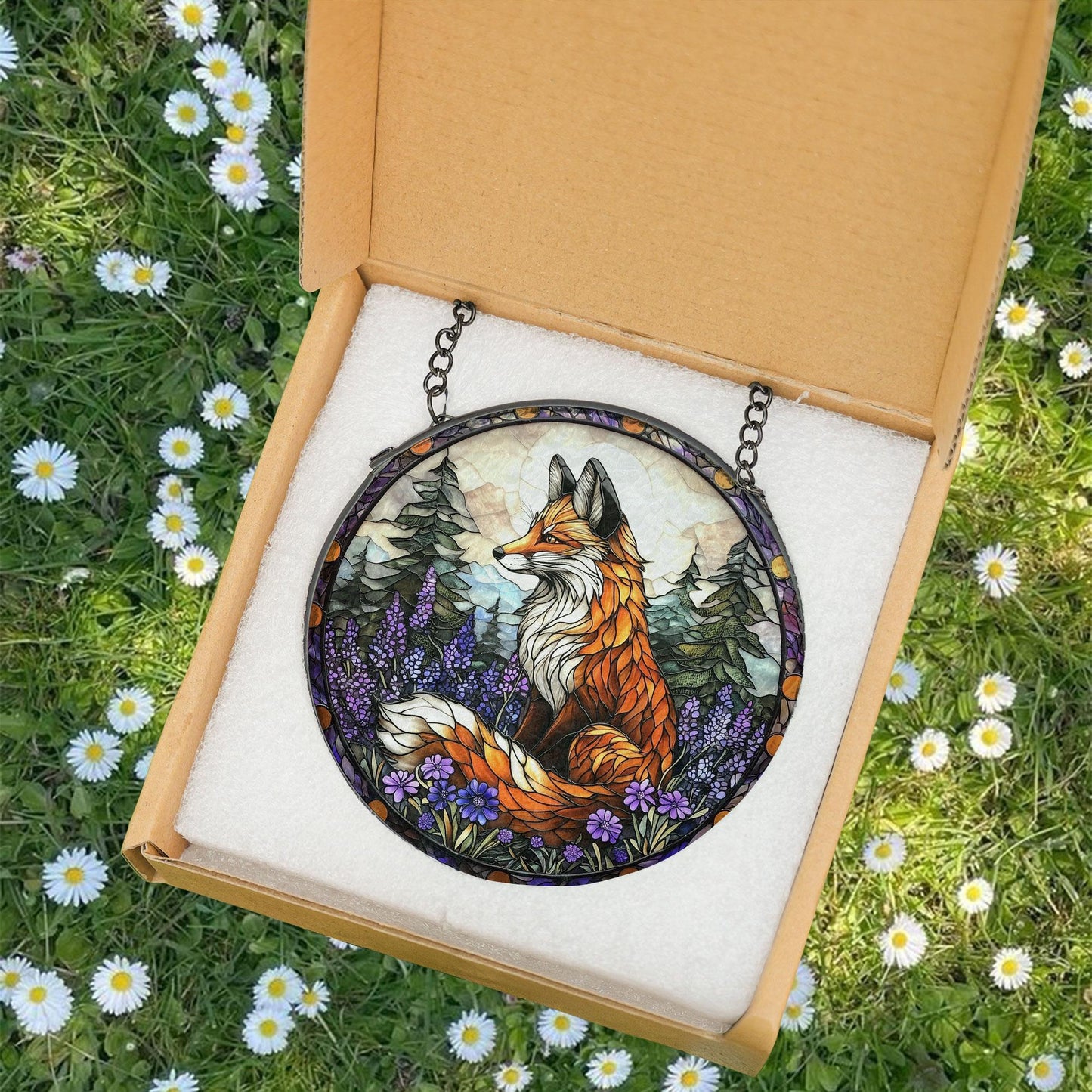Fox Stained Glass Suncatcher – Woodland with Red Fox and Purple Flowers, Nature Decor, Gift for Forest and Animal Lovers, Forest Wall Decor