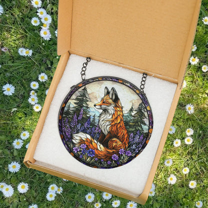 Fox Stained Glass Suncatcher – Woodland with Red Fox and Purple Flowers, Nature Decor, Gift for Forest and Animal Lovers, Forest Wall Decor