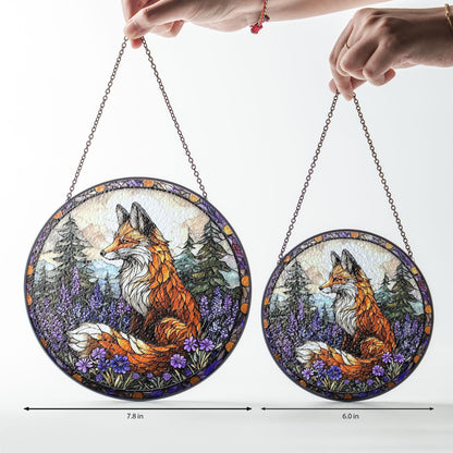 Fox Stained Glass Suncatcher – Woodland with Red Fox and Purple Flowers, Nature Decor, Gift for Forest and Animal Lovers, Forest Wall Decor