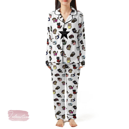 Hamiltoncat Silky Satin Pajama Set For Women | Musical Theater Cat Sleepwear | Cute Broadway-Inspired PJs | Gift for Cat & Theater Fans