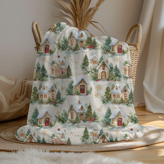 Christmas Village Blanket Watercolor Red & Green Winter Cottage Fleece Throw Snowy Holiday Decor Cottagecore Christmas Gift Family Friend
