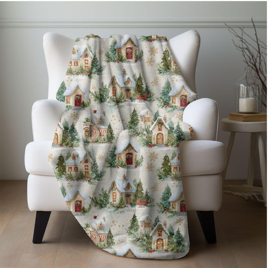 Watercolor Christmas Village Blanket  Red & Green Winter Town Fleece Throw Cozy Snowy Holiday Decor Cottagecore Christmas Gift Family Friend