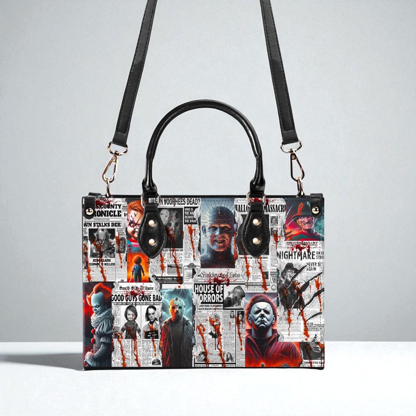 The Horror Gazette, Waterproof Vegan Leather Handbag, Top Handle, High-quality Crossbody Bag, Shoulder bag, Tote Bag, Scary movie lovers