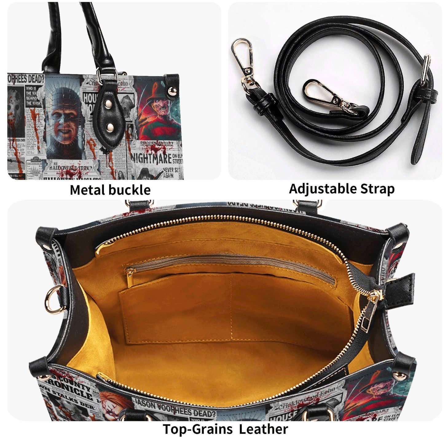 The Horror Gazette, Waterproof Vegan Leather Handbag, Top Handle, High-quality Crossbody Bag, Shoulder bag, Tote Bag, Scary movie lovers