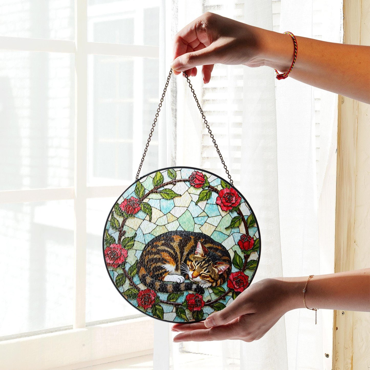 Sleeping tabby cat with roses round stained glass suncatcher gift for cat lover