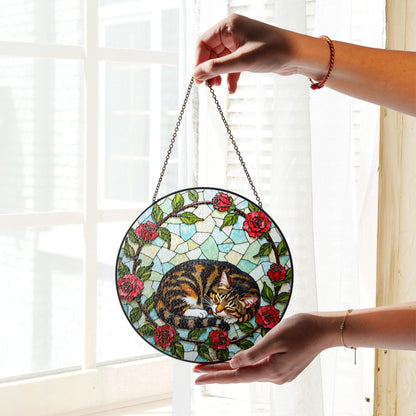 Sleeping tabby cat with roses round stained glass suncatcher gift for cat lover