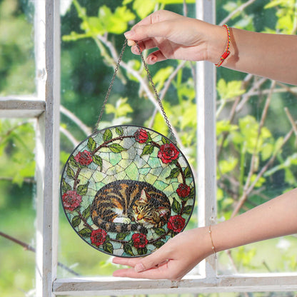Sleeping tabby cat with roses round stained glass suncatcher gift for cat lover