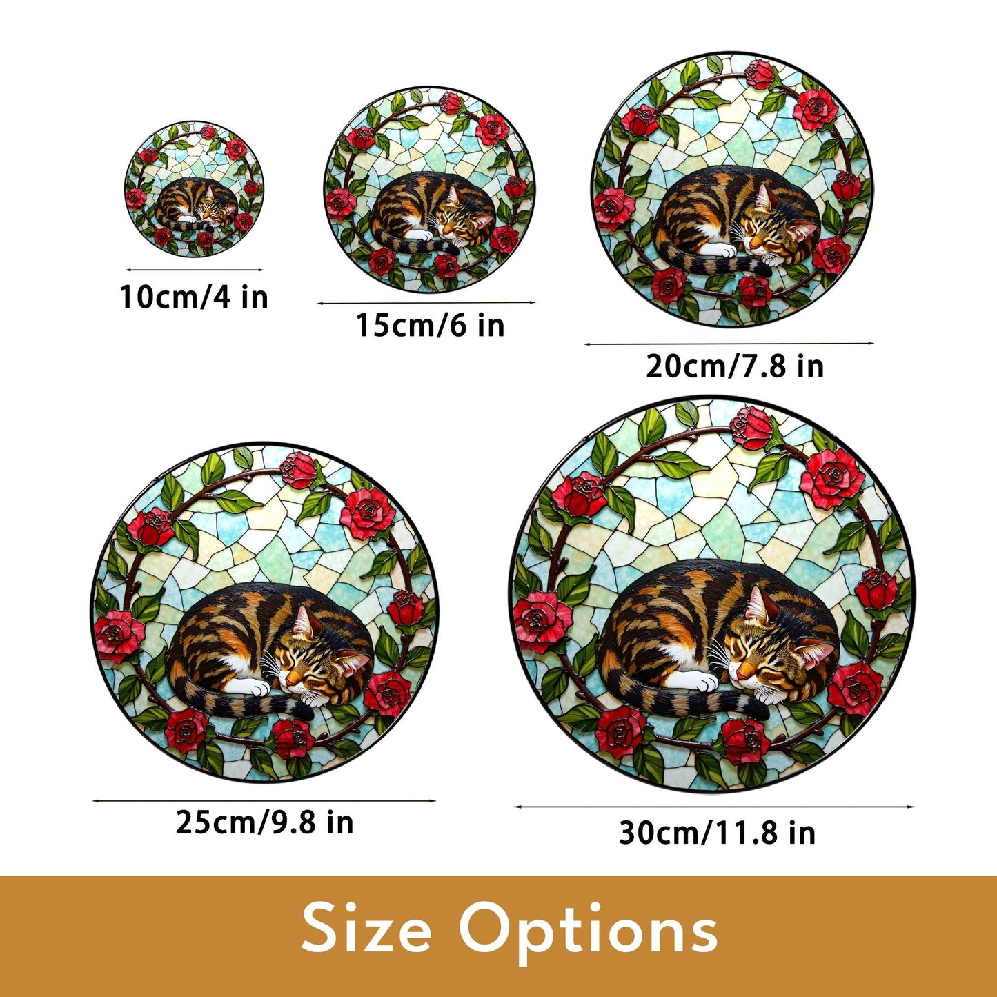 Sleeping tabby cat with roses round stained glass suncatcher gift for cat lover