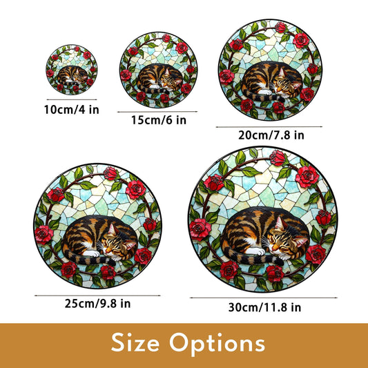 Sleeping tabby cat with roses round stained glass suncatcher gift for cat lover