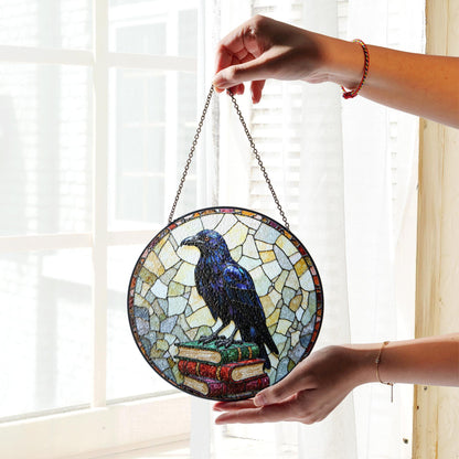 Raven on Books Round Suncatcher Gothic Window Art Gift for Book Lovers