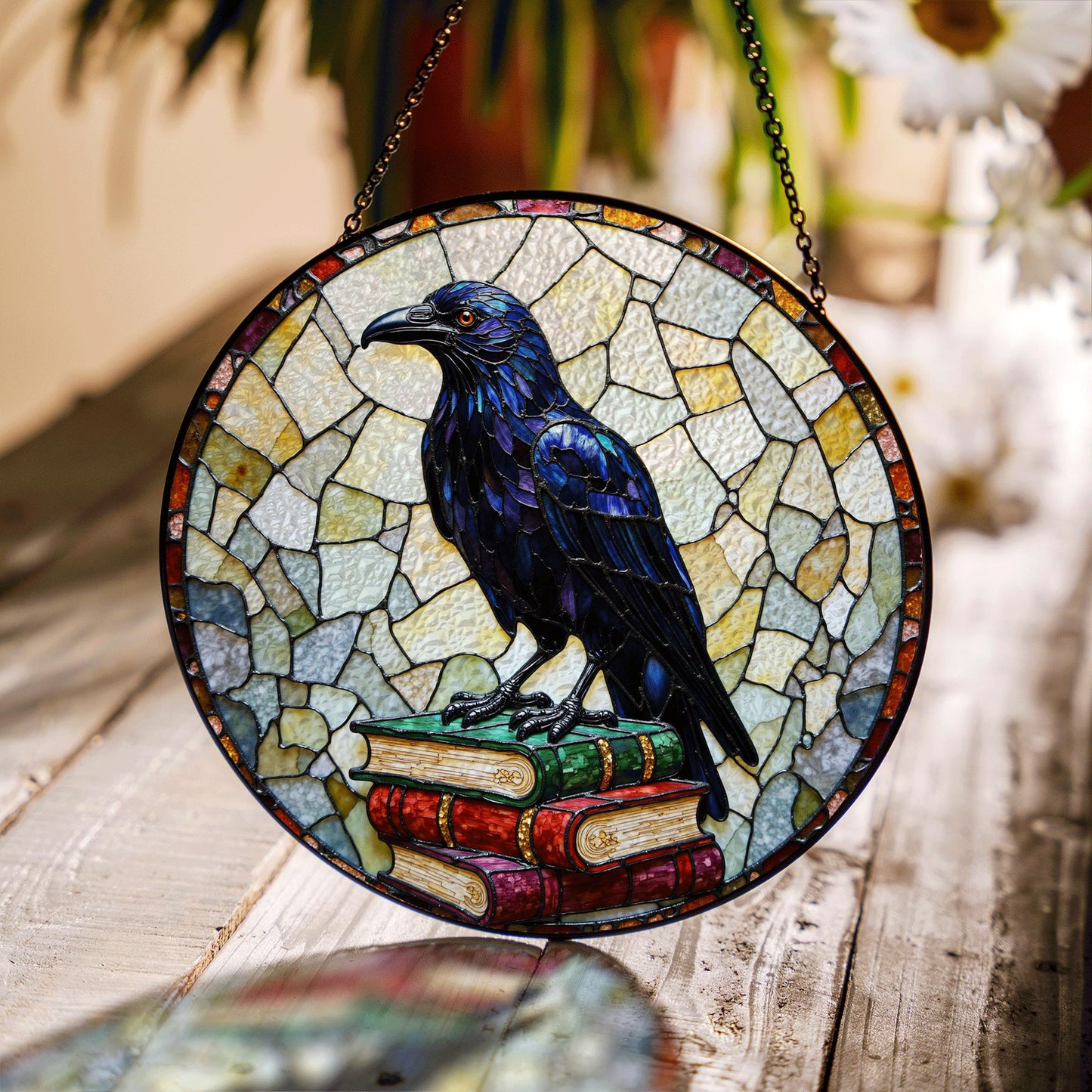 Raven on Books Round Suncatcher Gothic Window Art Gift for Book Lovers