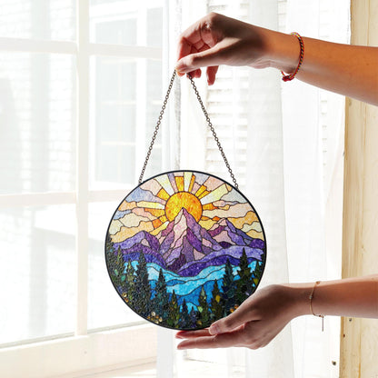 vibrant mountain sunrise suncatcher stained glass window hanging gift for nature lovers