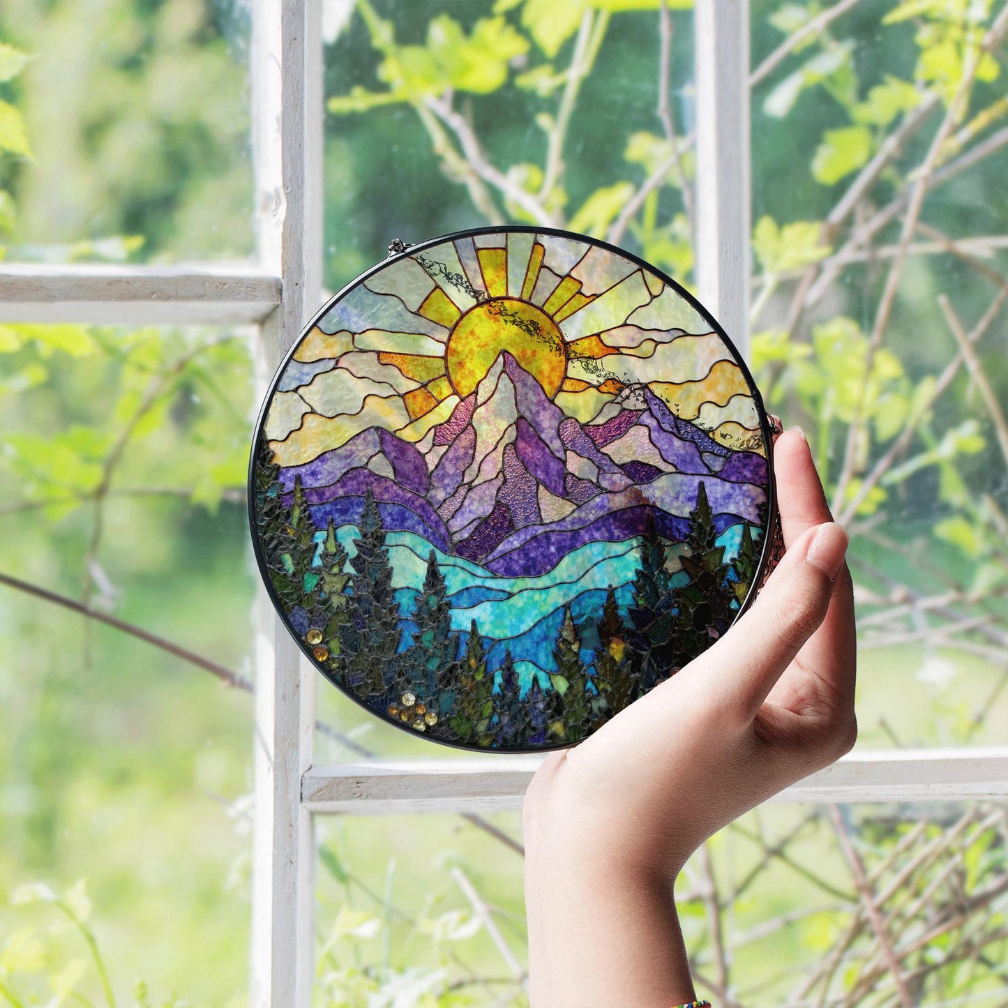 vibrant mountain sunrise suncatcher stained glass window hanging gift for nature lovers