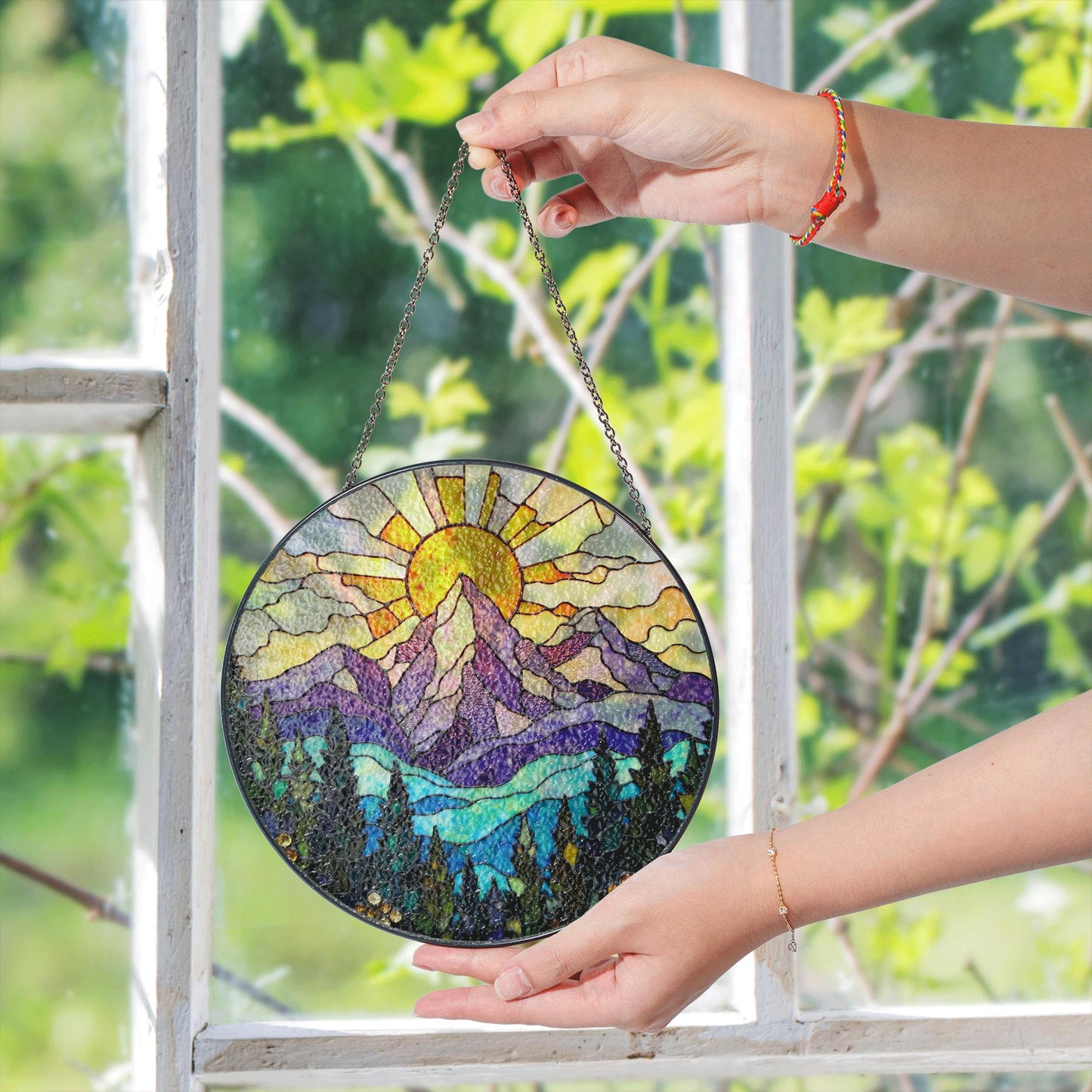 vibrant mountain sunrise suncatcher stained glass window hanging gift for nature lovers