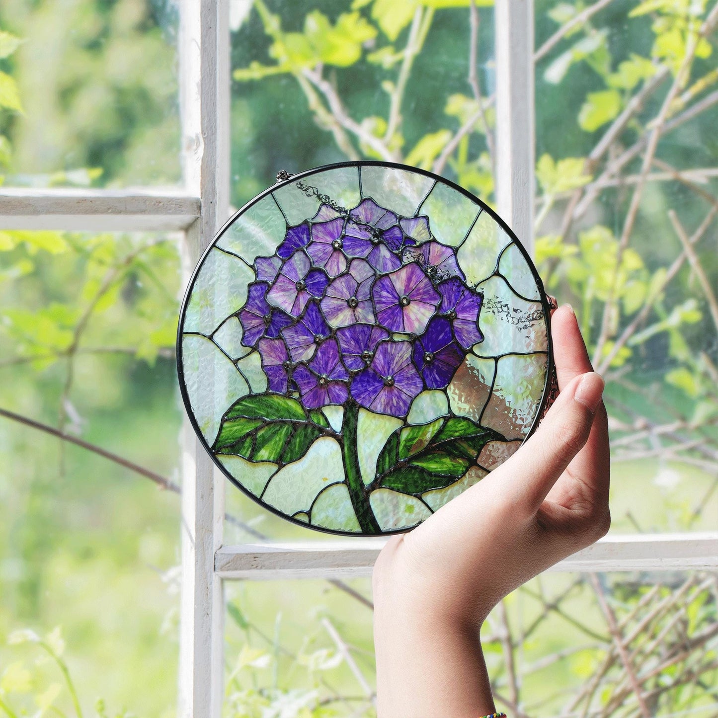 Purple Hydrangea Flower Stained Glass Suncatcher Window Decor Gift for Mom