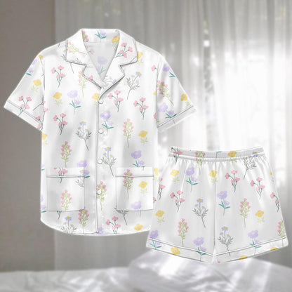 Pastel Floral Satin Pajama Short Set, Flowers Women Sleepwear, Nature Lovers Summer Nightwear, Cute Holiday Pajamas, Cute Gift For Her