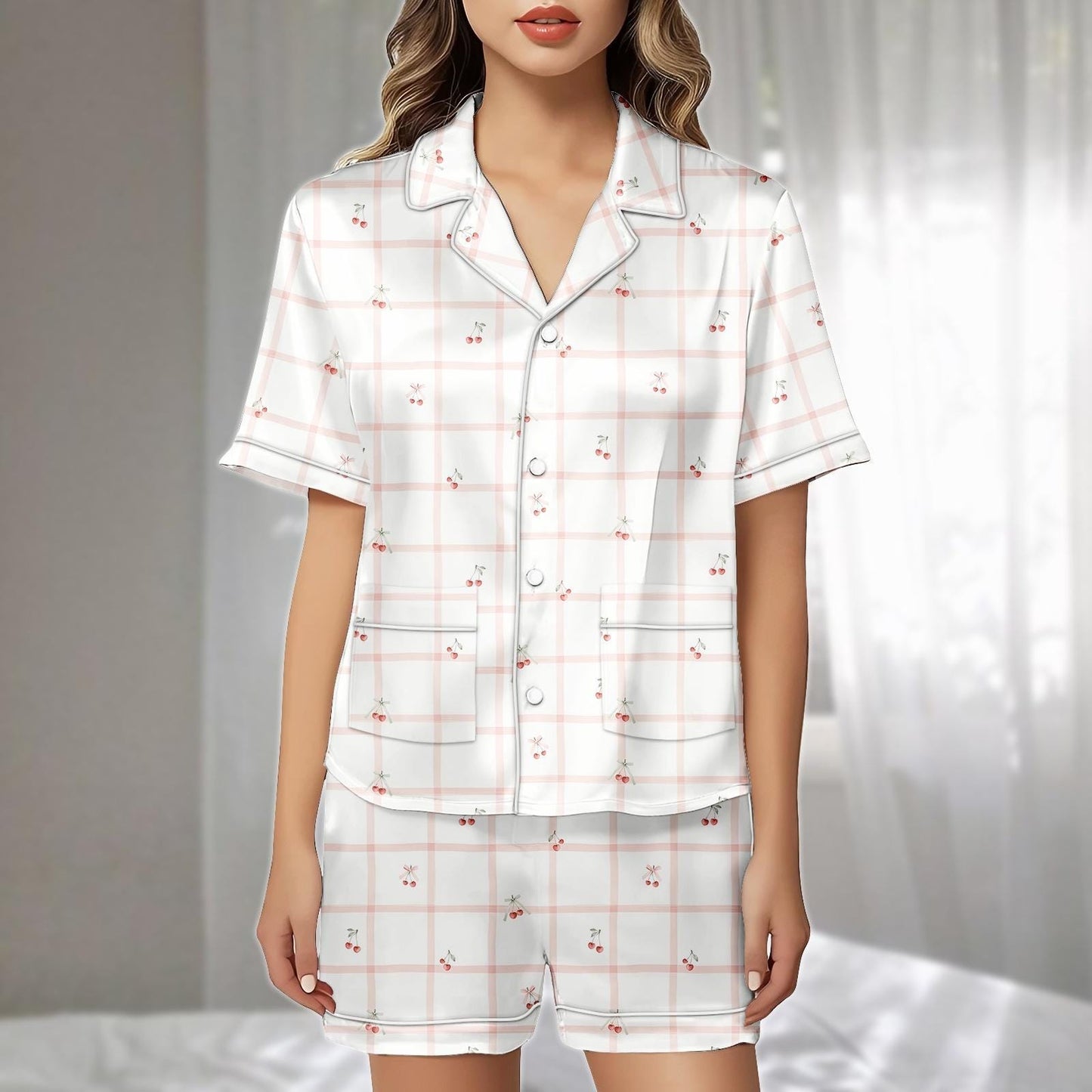 Cherry Plaid Satin Pajamas Short Set, Cute Fruit Women Sleepwear, Pink Checkered Summer Nightwear, Matching Pjs, Birthday Gift For Her