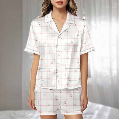 Cherry Plaid Satin Pajamas Short Set, Cute Fruit Women Sleepwear, Pink Checkered Summer Nightwear, Matching Pjs, Birthday Gift For Her