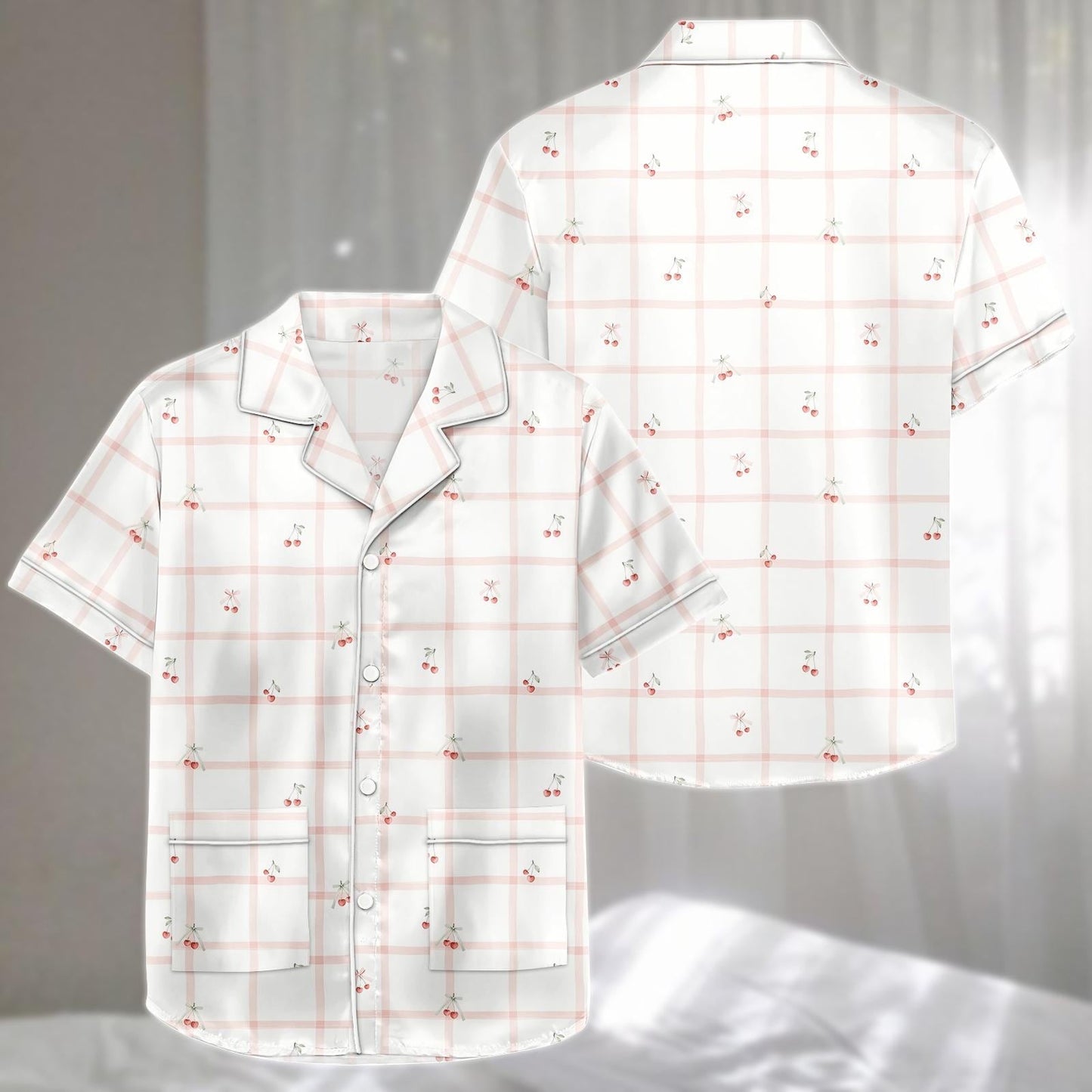 Cherry Plaid Satin Pajamas Short Set, Cute Fruit Women Sleepwear, Pink Checkered Summer Nightwear, Matching Pjs, Birthday Gift For Her