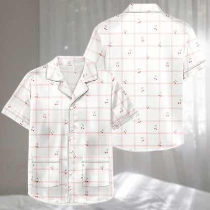 Cherry Plaid Satin Pajamas Short Set, Cute Fruit Women Sleepwear, Pink Checkered Summer Nightwear, Matching Pjs, Birthday Gift For Her