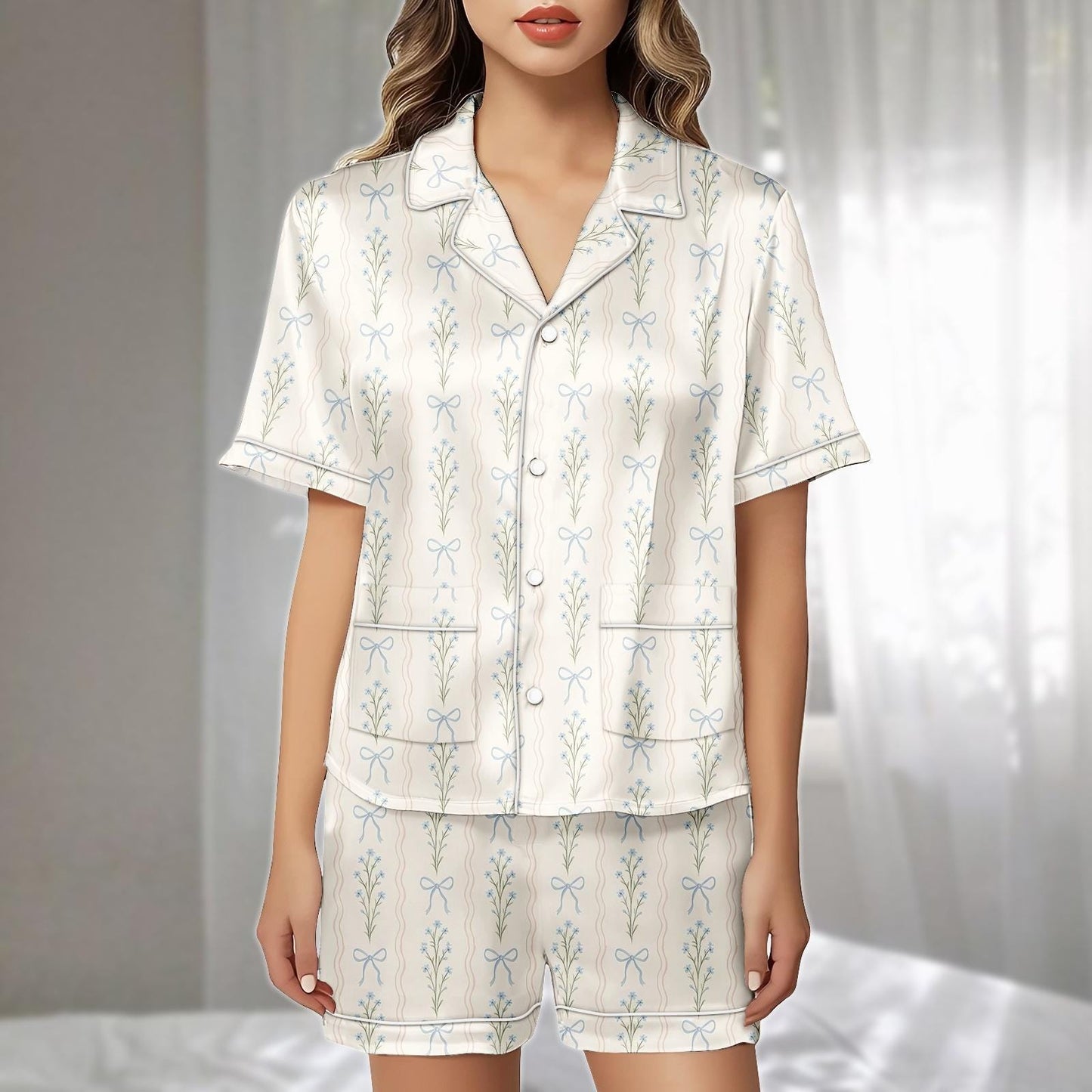 Blue Bow Floral Satin Pajama Short Set, Coquette Aesthetic Sleepwear, Soft Women Nightwear, Cute Summer Matching Pj Set, Gift For Her