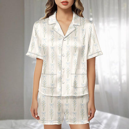 Blue Bow Floral Satin Pajama Short Set, Coquette Aesthetic Sleepwear, Soft Women Nightwear, Cute Summer Matching Pj Set, Gift For Her