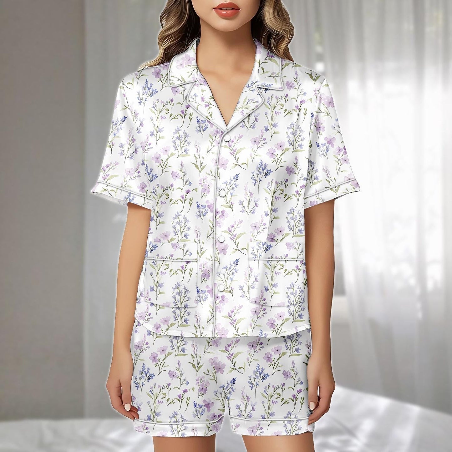 Lavender Floral Satin Pajama Short Set, Soft Purple Botanical Sleepwear, Summer Button Nightwear, Cute Holiday Pajamas, Gift For Her