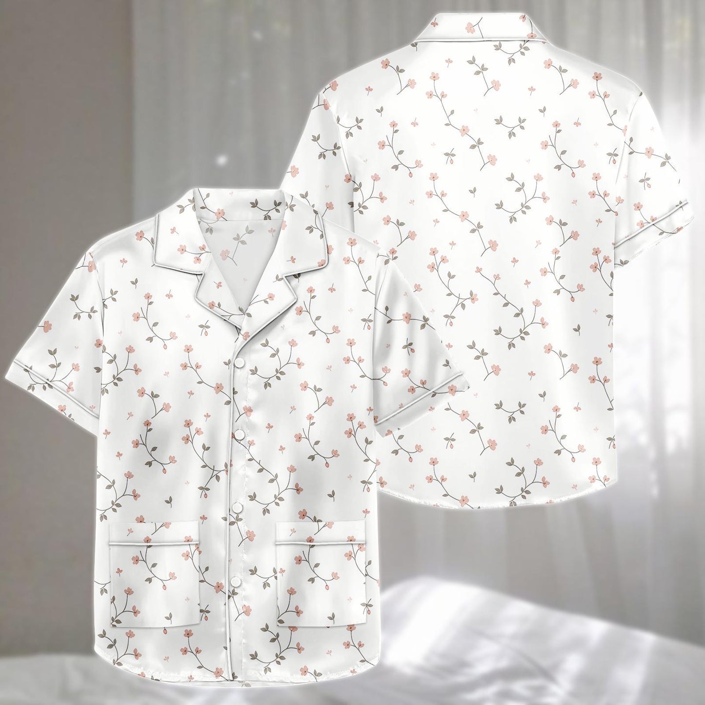 Delicate Floral Satin Pajama Short Set, Elegant Vine Flower Sleepwear, Summer Matching Pjs Women Nightwear, Birthday Gift Idea For Her
